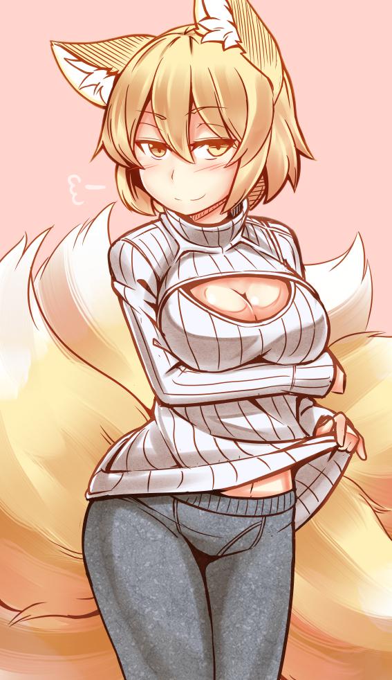 =3 alternate_costume animal_ears blonde_hair blush breast_hold breasts cleavage clothes_lift commentary_request contemporary cowboy_shot fox_ears fox_tail large_breasts long_sleeves looking_at_viewer meme_attire multiple_tails open-chest_sweater pink_background short_hair smile solo sweater sweater_lift tail tamahana thermal_underwear touhou yakumo_ran yellow_eyes