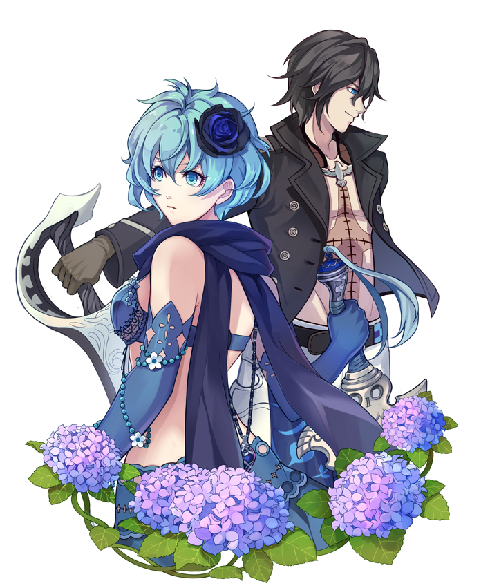 1girl bare_shoulders belt black_hair blue_eyes blue_flower blue_gloves blue_hair blue_rose blue_scarf book breasts brown_gloves buttons cent_(drag-on_dragoon) coat drag-on_dragoon drag-on_dragoon_3 elbow_gloves flower gloves groin hair_between_eyes hair_flower hair_ornament holding holding_sword holding_weapon hydrangea jacket kllsiren long_sleeves looking_afar looking_down medium_breasts number open_book outstretched_arm pants parted_lips profile roman_numerals rose scarf short_hair sideboob simple_background smile sword two_(drag-on_dragoon) unbuttoned weapon white_background white_pants