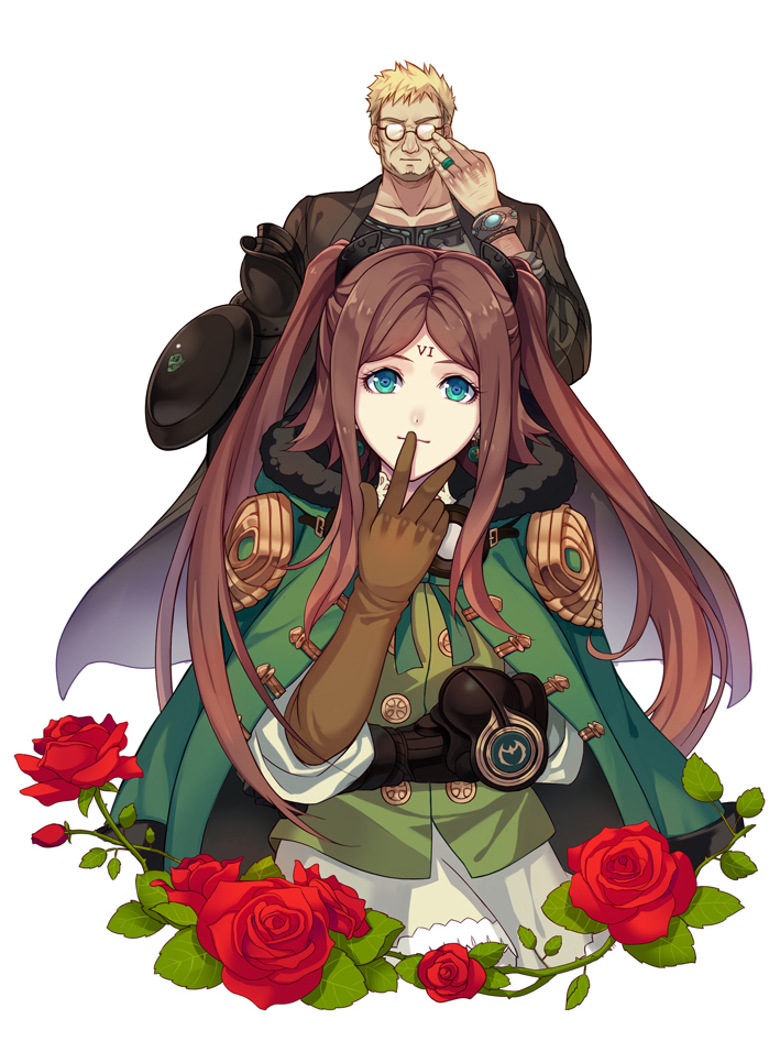 1girl beard blonde_hair brown_hair cloak decad_(drag-on_dragoon) drag-on_dragoon drag-on_dragoon_3 facial_hair facial_mark flower forehead_mark four_(drag-on_dragoon) glasses gloves green_eyes jewelry kllsiren long_hair looking_at_viewer red_flower red_rose ring roman_numerals rose simple_background thorns twintails typo white_background