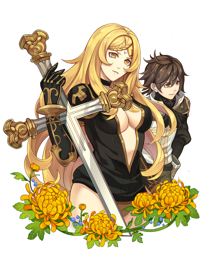1girl bangs black_gloves blonde_hair braid breasts brown_eyes brown_hair choker chrysanthemum cleavage covered_nipples cowboy_shot cropped_legs cross dito_(drag-on_dragoon) drag-on_dragoon drag-on_dragoon_3 elbow_gloves facial_mark facial_tattoo five_(drag-on_dragoon) flower forehead_mark french_braid gloves hair_between_eyes holding kllsiren large_breasts light_smile long_hair looking_at_viewer mole mole_under_eye number parted_bangs parted_lips roman_numerals simple_background smile standing tattoo thighs turtleneck weapon white_background yellow_eyes yellow_flower