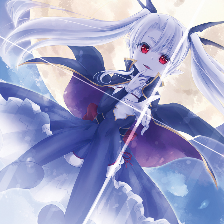 bangs black_cape black_legwear black_skirt cape eden_(sennen_sensou_aigis) finger_to_face looking_at_viewer masunari moon open_mouth outstretched_hand pointy_ears red_eyes sennen_sensou_aigis skirt solo sparkle swept_bangs thighhighs twintails vampire white_hair white_skin