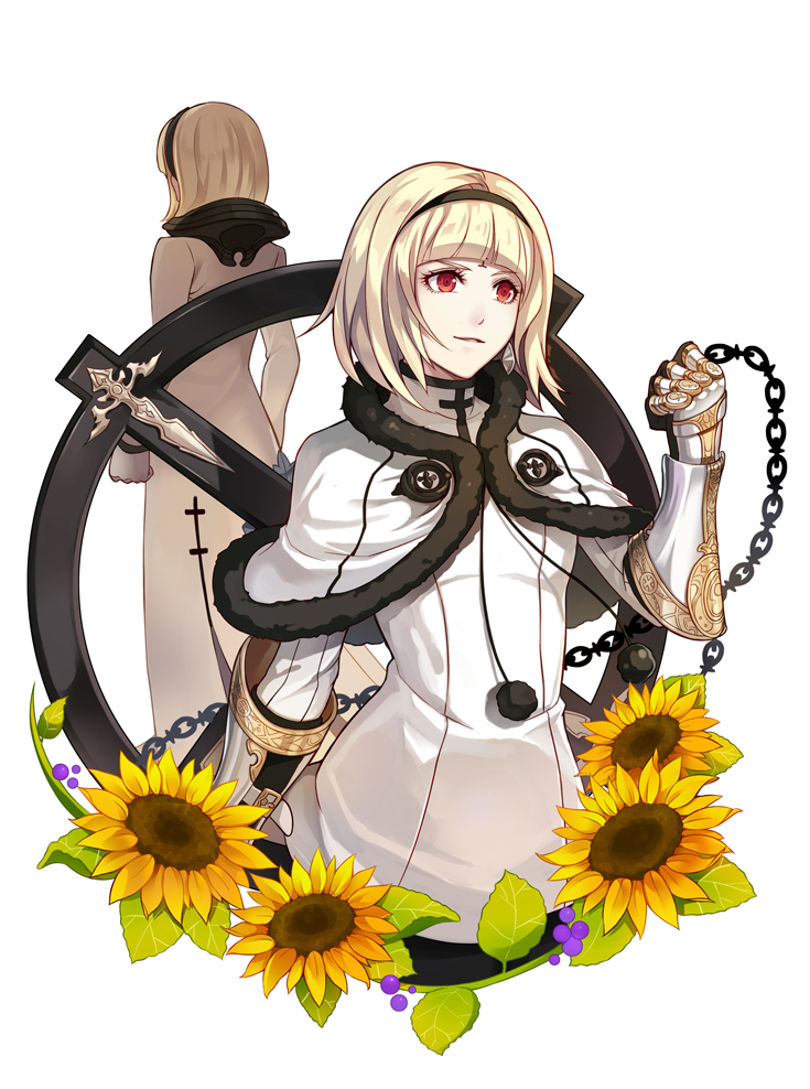 1girl armor bangs blonde_hair blunt_bangs brother_one chain clenched_hand drag-on_dragoon drag-on_dragoon_3 earrings facial_mark facing_away flower forehead_mark gauntlets gloves hairband jewelry kllsiren one_(drag-on_dragoon) red_eyes short_hair simple_background smile spoilers sunflower weapon white_background