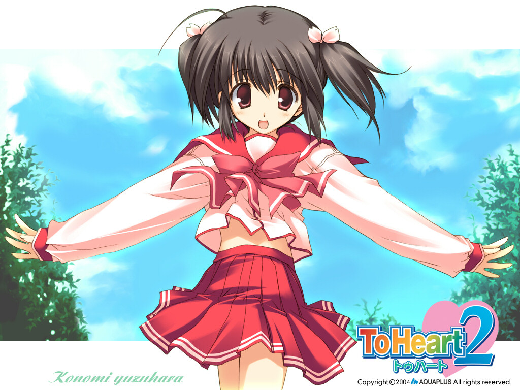 black_hair blush bow brown_eyes character_name cloud copyright_name day dress hair_bow long_sleeves mitsumi_misato official_art open_mouth outstretched_arms rainbow_text red_dress school_uniform shirt sky smile solo spread_arms to_heart_2 tree wallpaper white_shirt yuzuhara_konomi