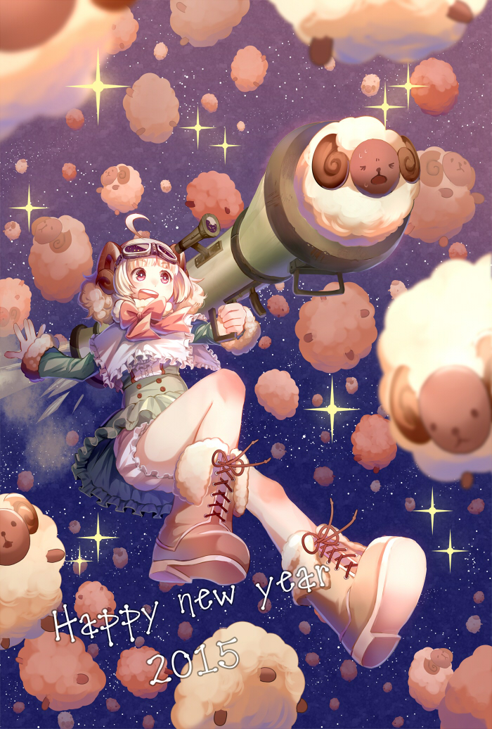 &gt;_&lt; 2015 ahoge boots bow chinese_zodiac closed_eyes fur_boots gloves goggles goggles_on_head happy_new_year holding holding_weapon horns new_year open_mouth original rocket_launcher sheep sheep_horns smile space sparkle star_(sky) sweat taranbo weapon white_gloves year_of_the_goat