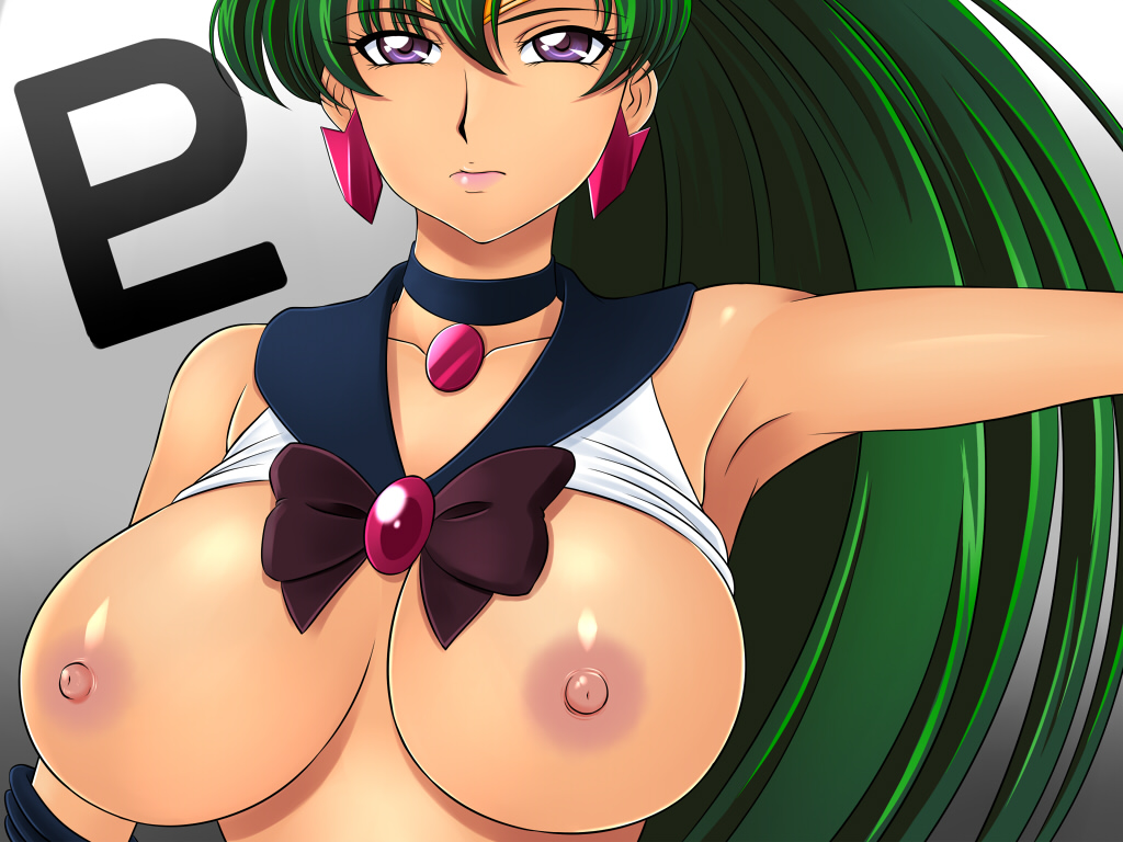 armpits bishoujo_senshi_sailor_moon black_choker bow breasts breasts_outside brooch brown_bow choker earrings expressionless glamour_works gradient gradient_background green_hair grey_background jewelry large_breasts long_hair looking_at_viewer magical_girl meiou_setsuna nipples pluto_symbol purple_eyes sailor_collar sailor_pluto sailor_senshi_uniform shiny shiny_skin solo upper_body white_background