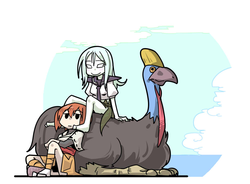 ankle_wrap bandaged_leg bandages barefoot bird blush brown_hair cassowary cloud commentary_request hyuuga_(kantai_collection) kantai_collection leaf_skirt legwear_removed long_hair multiple_girls sailor_collar sandals seki_(red_shine) shinkaisei-kan short_hair sitting_on_animal smile solid_eyes ta-class_battleship white_eyes white_hair white_skin