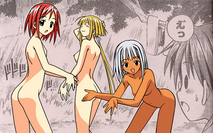 3girls akamatsu_ken ass back brown_hair dark_skin kufei mahou_sensei_negima! multiple_girls nagase_kaede negi_springfield nude nude_filter photoshop red_hair sasaki_makie short_hair text white_hair