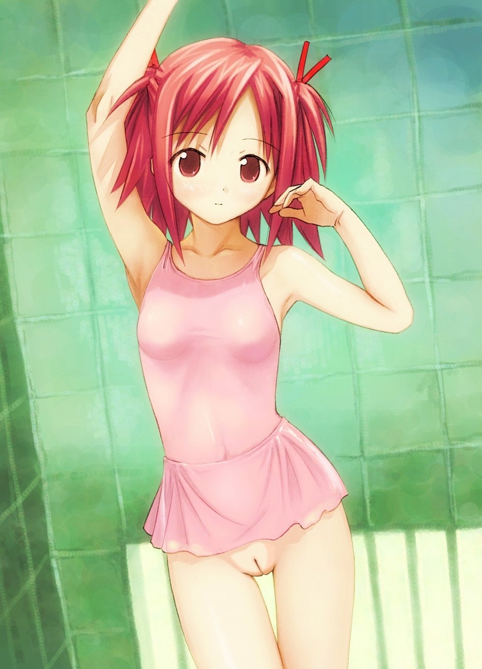 leotard mahou_sensei_negima! photoshop pink_eyes pink_hair pussy sasaki_makie short_hair solo thigh_gap twintails uncensored