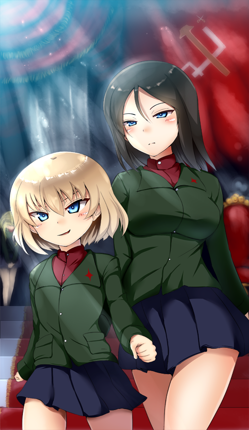 blue_eyes blush brown_hair girls_und_panzer katyusha long_hair military military_uniform multiple_girls nonna open_mouth pravda_school_uniform short_hair skirt smile uniform yottan