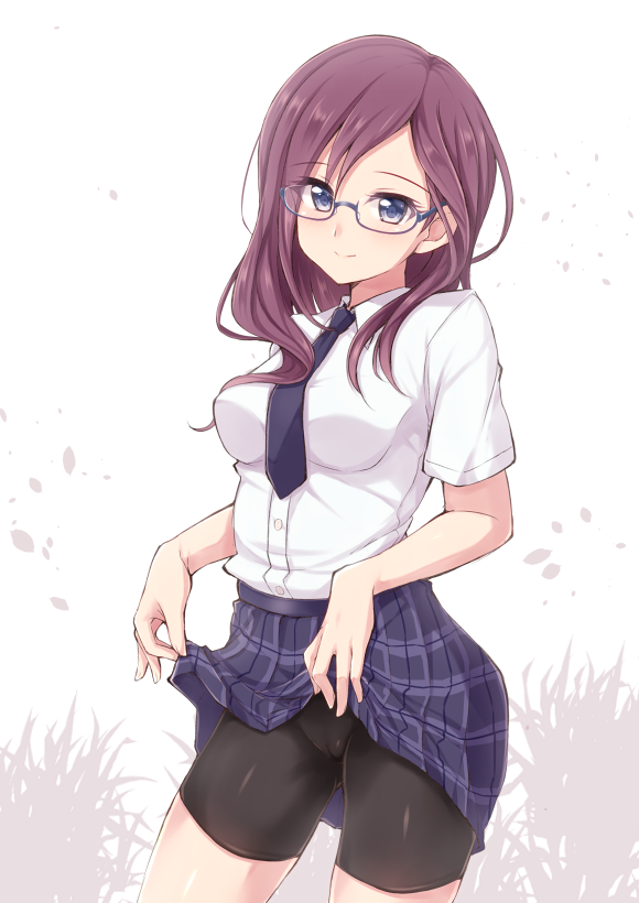 bike_shorts blue_eyes blush breasts brown_hair glasses idolmaster idolmaster_cinderella_girls jiino long_hair medium_breasts necktie plaid plaid_skirt school_uniform skirt skirt_lift smile solo yagami_makino