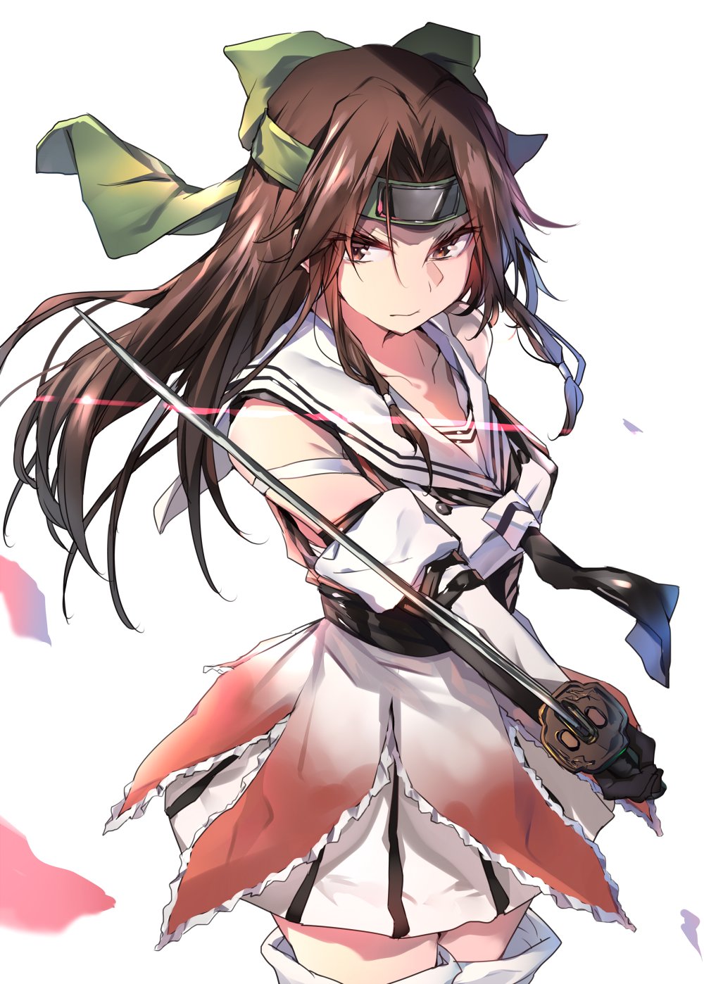 bare_shoulders brown_eyes brown_hair buttons detached_sleeves forehead_protector gloves hachimaki hair_intakes half_updo headband highres holding holding_sword holding_weapon jintsuu_(kantai_collection) kantai_collection long_hair pleated_skirt remodel_(kantai_collection) school_uniform serafuku simple_background skirt solo soukou_makura sword thighhighs weapon white_background