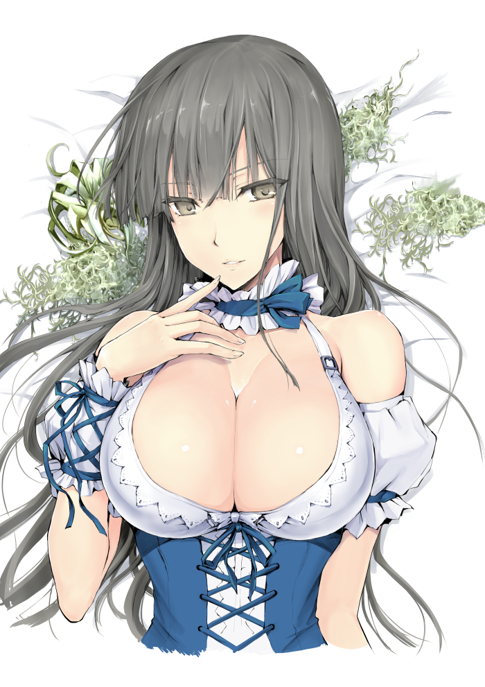 bare_shoulders black_eyes black_hair blush breasts choker cleavage dress kizuki_aruchu large_breasts long_hair original parted_lips smile solo