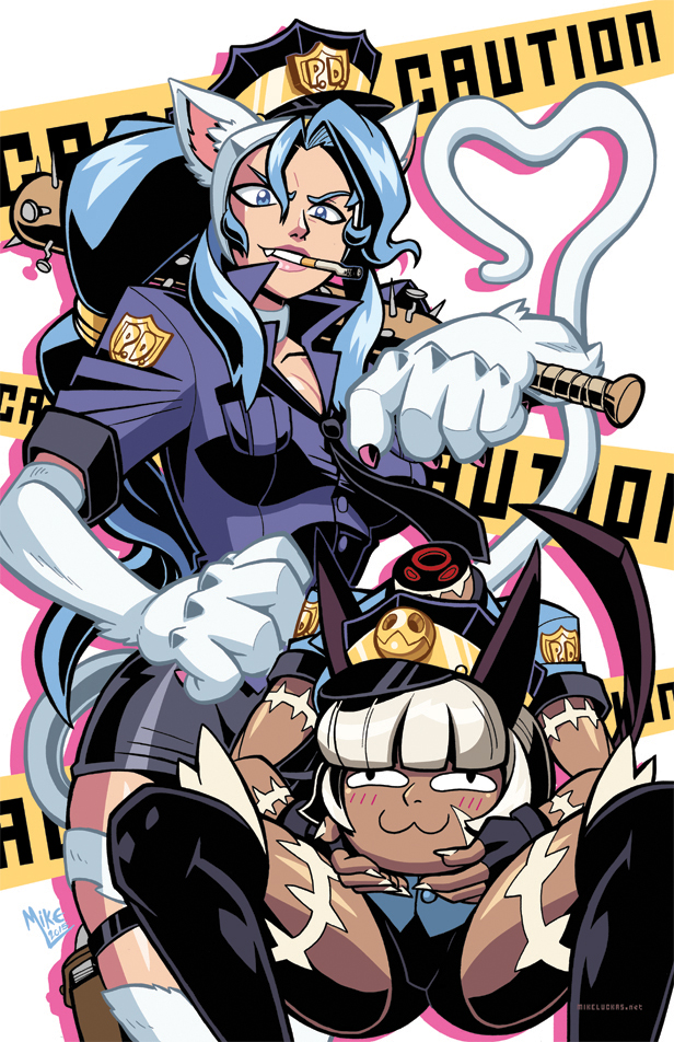 :3 alternate_costume animal_ears artist_name baseball_bat blue_hair blush boots cat_ears cat_girl cat_tail cigarette claws commentary dark_skin disembodied_head fang felicia fingerless_gloves gloves hand_on_hip head_on_hand heart heart_tail holding_head holster long_hair looking_at_viewer mike_luckas miniskirt ms._fortune_(skullgirls) multiple_girls nail nail_bat open_clothes over_shoulder police police_uniform ponytail scar short_hair short_shorts shorts skirt skullgirls spread_legs squatting tail thigh_boots thigh_strap thighhighs uniform vampire_(game) weapon weapon_over_shoulder white_hair