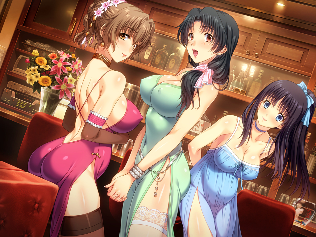 3girls ass bar belly_chain black_hair black_legwear blue_eyes blush bow bracelet breasts brown_eyes brown_hair choker cleavage dress earrings elbow_gloves erect_nipples evening_gown flower gloves hair_bow hair_flower hair_ornament lace lace-trimmed_thighhighs large_breasts long_hair looking_at_viewer multiple_girls nipples open_mouth ponytail pregnant red_eyes side_slit sideboob smile thighhighs tsumamigui_3 white_legwear