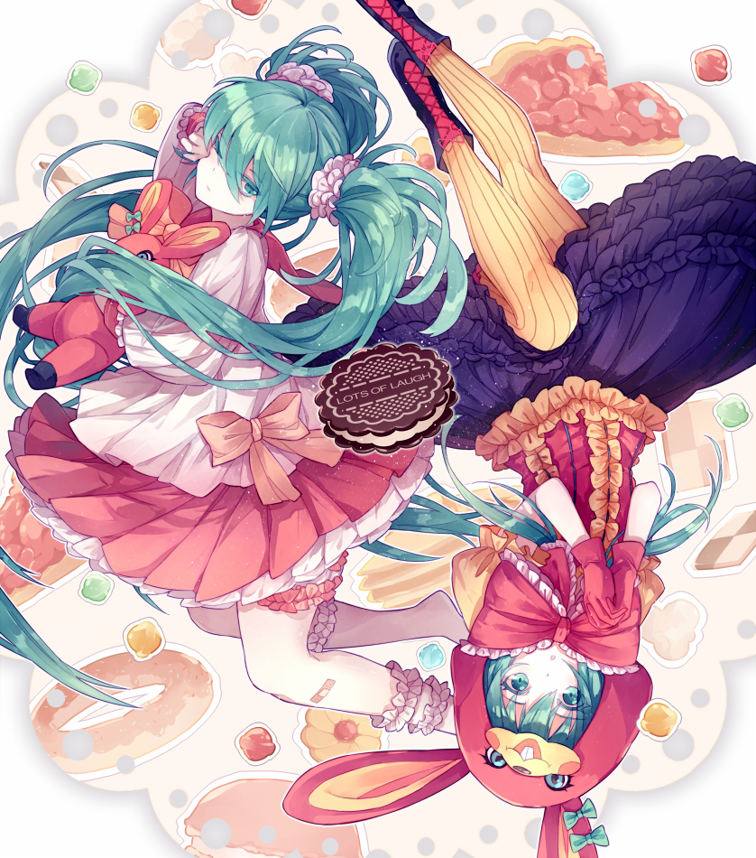 :o animal_ears animal_hood aqua_bow aqua_eyes aqua_hair bandaid bandaid_on_leg bangs boots bow bunny_ears bunny_hood candy chocolate closed_mouth cookie cross-laced_footwear doughnut dual_persona ear_ribbon eyebrows eyebrows_visible_through_hair fake_animal_ears food frilled_sleeves frills gloves hair_between_eyes hair_ornament hair_scrunchie hamburger hatsune_miku holding holding_stuffed_animal hood in_food interlocked_fingers kneehighs lace-up_boots light_particles long_hair long_sleeves looking_at_viewer lots_of_laugh_(vocaloid) lyodi multiple_girls no_shoes one_eye_closed outline own_hands_together pancake pantyhose pink_bow pink_gloves pink_skirt pleated_skirt puffy_short_sleeves puffy_sleeves purple_skirt revision ribbed_legwear rubbing_eyes school_uniform scrunchie serafuku short_sleeves skirt song_name striped striped_legwear stuffed_animal stuffed_bunny stuffed_toy sweets twintails upside-down vertical-striped_legwear vertical_stripes very_long_hair vocaloid white_legwear yellow_legwear