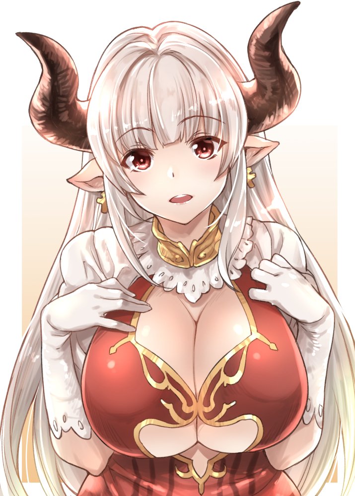 :d alicia_(granblue_fantasy) bangs blunt_bangs blush breasts cleavage cleavage_cutout cross cross_earrings curvy draph dress earrings elbow_gloves eyebrows eyebrows_visible_through_hair gloves gradient gradient_background gradient_hair granblue_fantasy hands_on_own_chest happy hips horns jewelry lace lace-trimmed_dress lace-trimmed_gloves large_breasts long_hair looking_at_viewer mature multicolored_hair mushi024 neck_ring no_bra open_mouth outside_border pointy_ears red_dress red_eyes short_sleeves sidelocks silver_hair smile solo straight_hair underboob underboob_cutout upper_body very_long_hair white_gloves