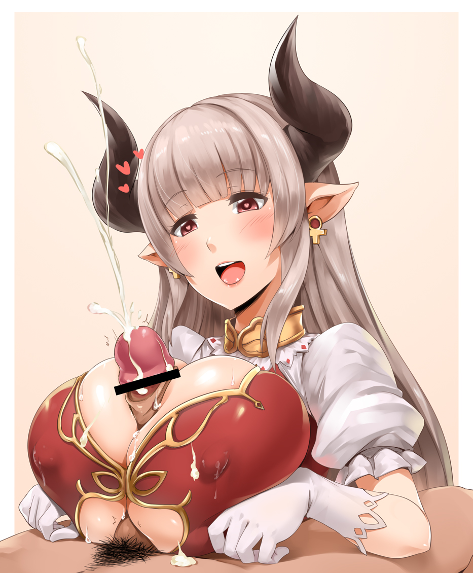 1boy 1girl alicia_(granblue_fantasy) bar_censor blush breast_squeeze breasts censored cleavage_cutout covered_nipples cum cum_on_body cum_on_breasts cum_on_clothes cum_on_upper_body darkmaya draph earrings ejaculation eyebrows_visible_through_hair gloves granblue_fantasy grey_hair heart heart-shaped_pupils hetero horns huge_breasts jewelry long_hair male_pubic_hair open_mouth paizuri paizuri_under_clothes penis pointy_ears pubic_hair puffy_short_sleeves puffy_sleeves red_eyes short_sleeves solo_focus symbol-shaped_pupils white_gloves
