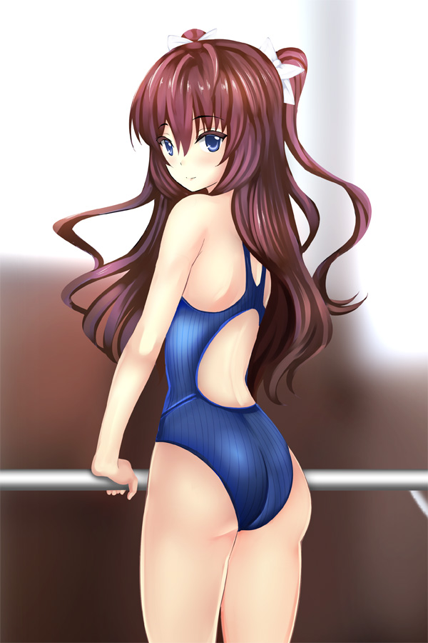 ass blue_eyes brown_hair competition_swimsuit ichinose_shiki idolmaster idolmaster_cinderella_girls long_hair looking_at_viewer looking_back one-piece_swimsuit shima-shuu smile solo swimsuit two_side_up