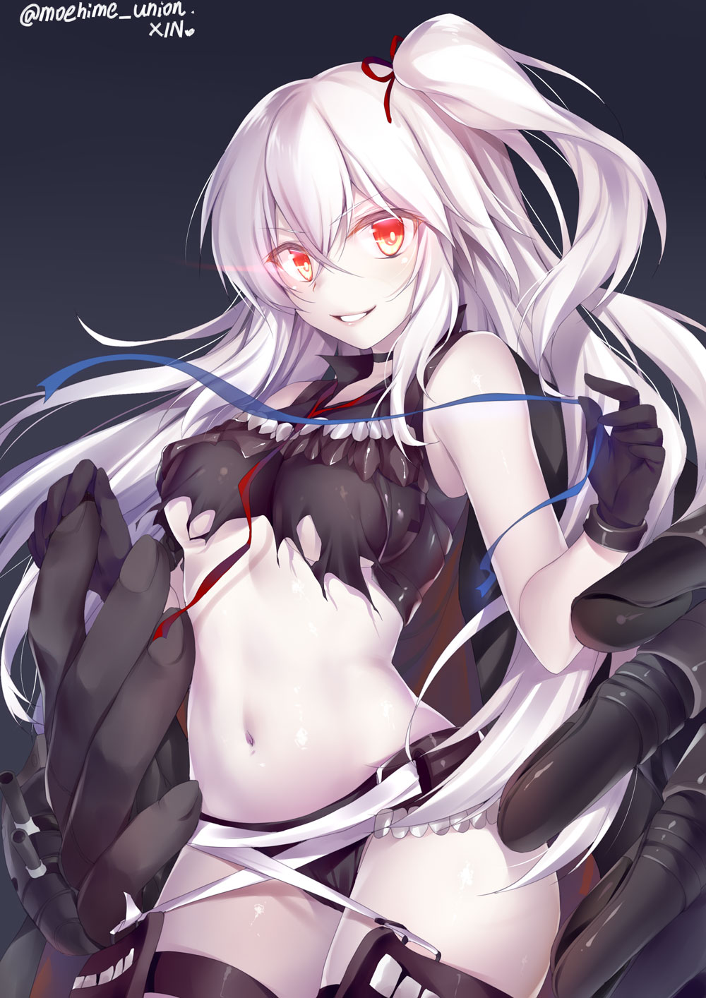 breasts destroyer_water_oni gloves glowing glowing_eyes highres kantai_collection long_hair md5_mismatch medium_breasts obiwan pale_skin red_eyes shinkaisei-kan side_ponytail sleeveless smile solo underboob white_hair
