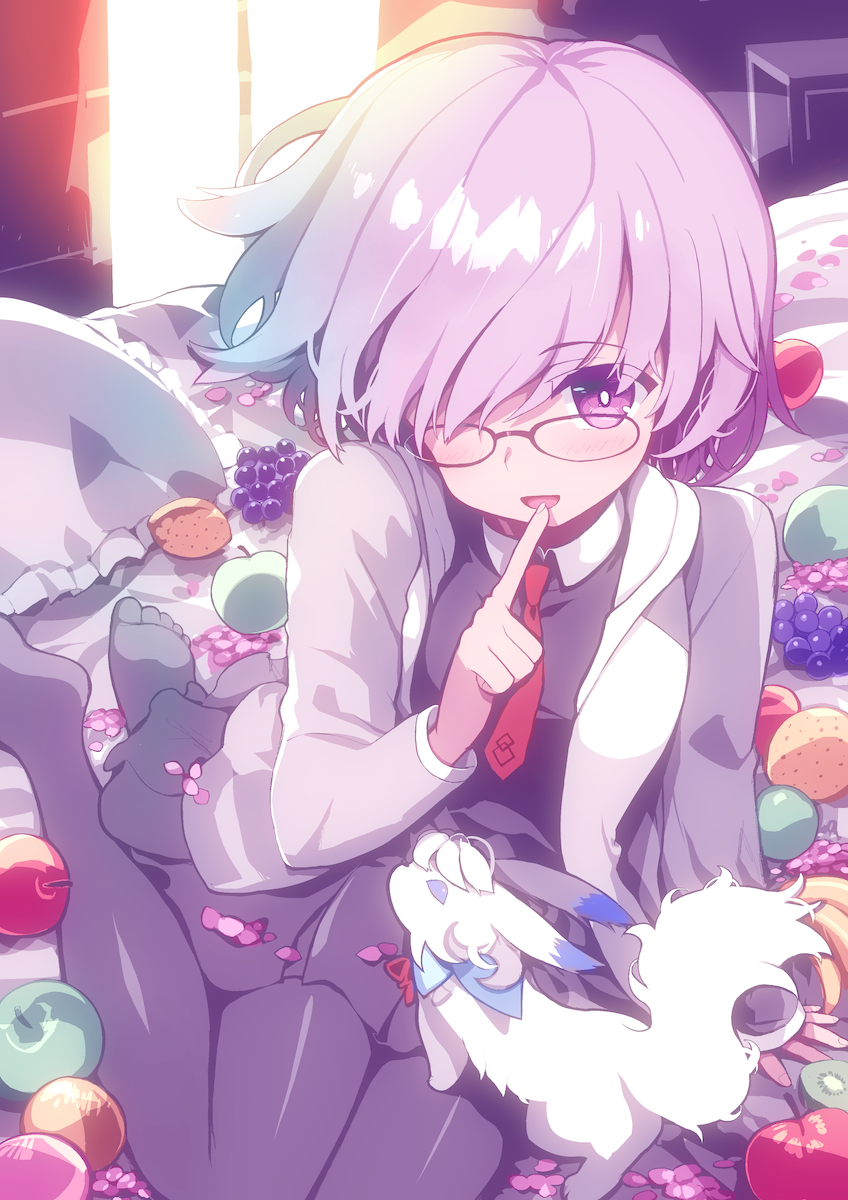 1girl :d animal apple bed black_shirt blush breasts commentary_request creature eyebrows_behind_hair eyebrows_visible_through_hair fate/grand_order fate_(series) finger_to_mouth food fou_(fate/grand_order) fruit fur glasses green_apple hair_over_one_eye highres jacket large_breasts looking_at_viewer mash_kyrielight multicolored multicolored_clothes multicolored_jacket necktie on_bed one_eye_covered open_mouth pillow pleated_skirt purple_eyes purple_hair red-framed_eyewear red_apple red_neckwear shirt short_hair sitting skirt smile sunlight table tranquillianusmajor white_fur white_pillow window