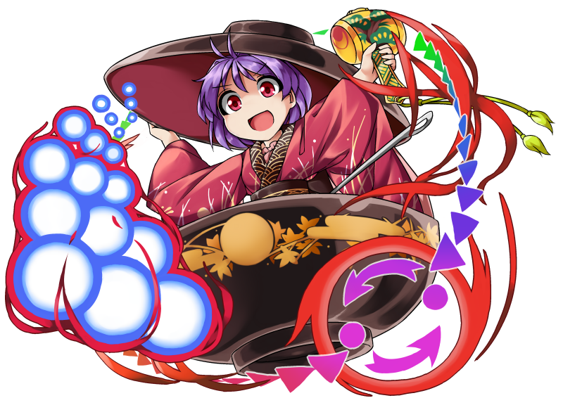 bowl danmaku fun_bo japanese_clothes kimono long_sleeves looking_at_viewer mallet needle obi open_mouth outstretched_arms purple_hair red_eyes sash short_hair simple_background smile solo sukuna_shinmyoumaru touhou white_background wide_sleeves