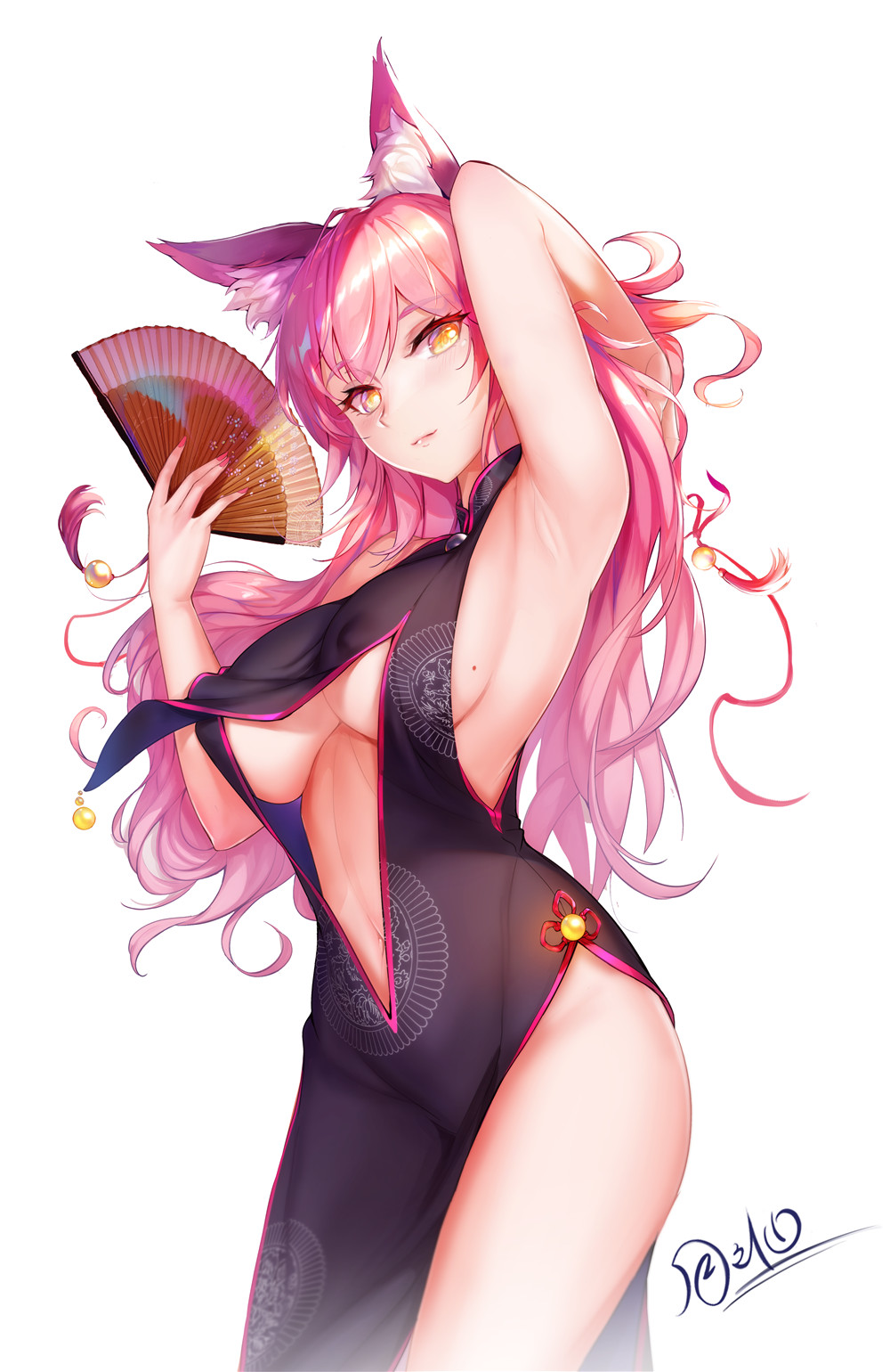 1girl animal_ear_fluff animal_ears arm_behind_head bangs bare_shoulders bell black_dress black_gloves blush breasts center_opening china_dress chinese_clothes dress fan fate/grand_order fate_(series) folding_fan fox_ears fox_girl fox_tail gloves hair_between_eyes highres hips jingle_bell koyanskaya large_breasts long_hair looking_at_viewer mole mole_on_breast nail_polish pink_hair sideboob simple_background smile solo tail thighs tsuki_no_i-min underboob white_background yellow_eyes