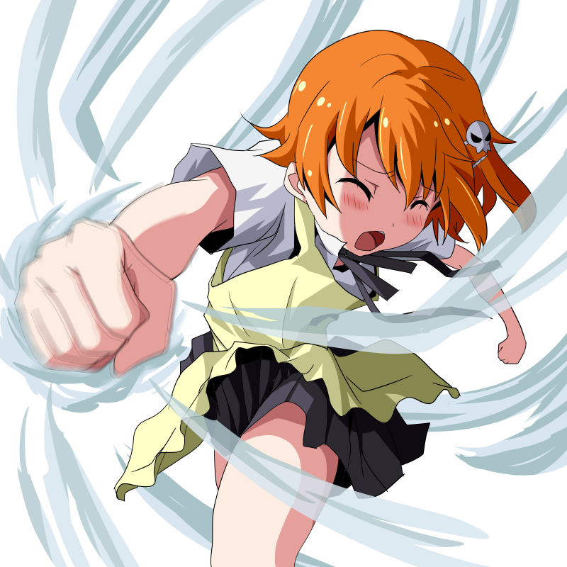 anime_coloring apron blush clenched_hand closed_eyes commentary_request hair_ornament hairpin inami_mahiru m_(milk0824) motion_blur motion_lines open_mouth orange_hair pleated_skirt short_hair skirt solo uniform waitress white_background working!!