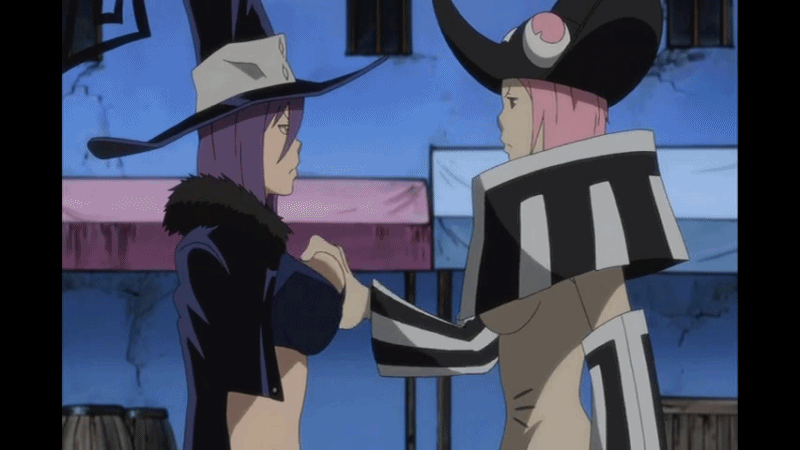 animated animated_gif blair breast_squeeze breasts detached_sleeves hat jacket midriff mizune multiple_girls pink_hair purple_hair soul_eater subtitled tubetop underboob witch_hat