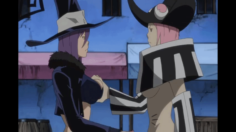 animated animated_gif blair bouncing_breasts breast_grab breast_squeeze breasts detached_sleeves hat jacket jiggle midriff mizune multiple_girls pink_hair purple_hair soul_eater subtitled tubetop underboob witch_hat