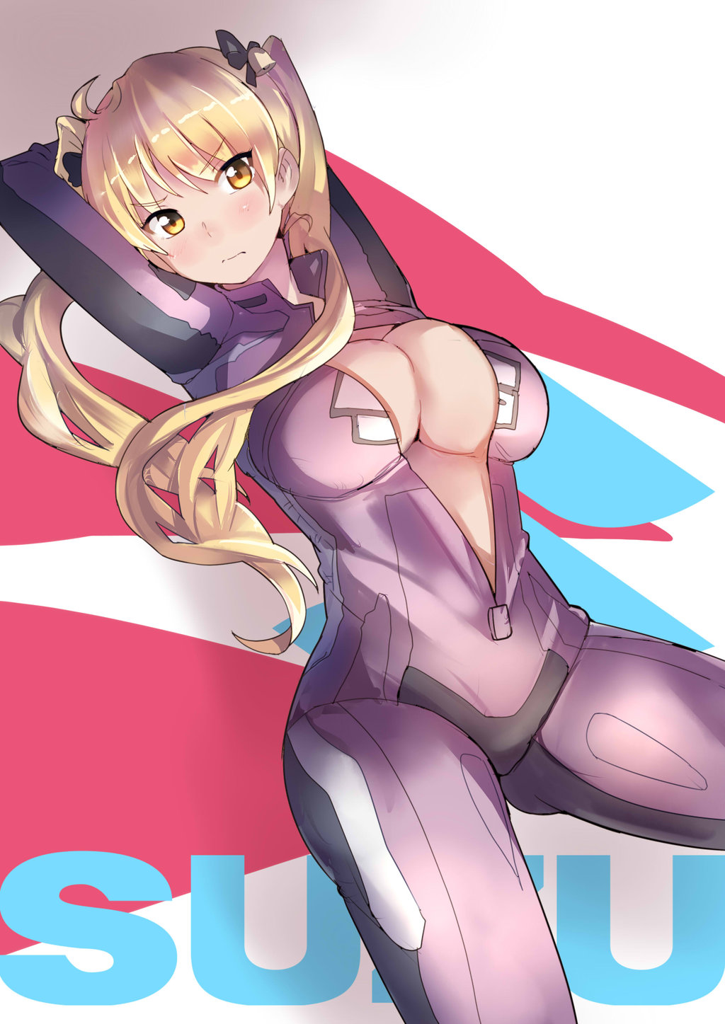 3: ahoge arms_behind_head arms_up bakuon!! bell biker_clothes bikesuit blonde_hair blush bodysuit breasts hair_bell hair_ornament highres huge_breasts julioalqae pink_bodysuit solo suzunoki_rin twintails unzipped v-shaped_eyebrows yellow_eyes