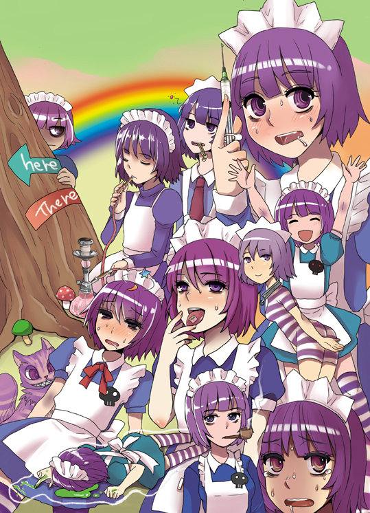 alice_in_wonderland apron cheshire_cat doru_riheko drugs futaba_channel hookah lsd maid maid_headdress mushroom nijiura_maids pipe pipe_in_mouth purple_eyes purple_hair rainbow short_hair striped striped_legwear syringe tree yakui