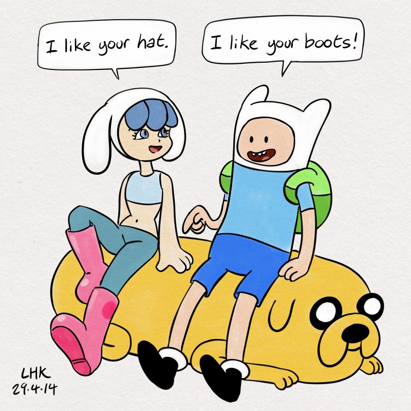 1girl adventure_time animal_ears artist_name backpack bag blue_eyes blue_hair boots chroniko crop_top crossover dated dog english fake_animal_ears finn_the_human hat jake_the_dog kaiba lhk midriff navel non-web_source official_style open_mouth pink_footwear pointing signature sitting smile trait_connection