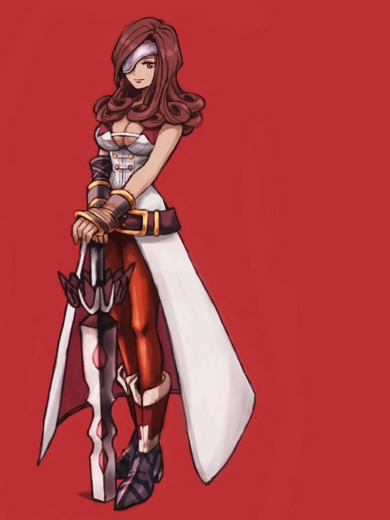 1girl beatrix belt belt_buckle boots breasts brown_eyes brown_hair brown_legwear buckle cleavage closed_mouth curly_hair eyepatch final_fantasy final_fantasy_ix full_body ichi_(pixiv6373491) large_breasts legs_together long_hair pantyhose planted_sword planted_weapon red_background smile solo standing sword weapon