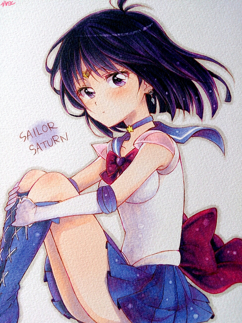 bishoujo_senshi_sailor_moon boots character_name choker circlet cross-laced_footwear crystal_earrings earrings elbow_gloves gloves highres jewelry kameron knee_boots lace-up_boots leg_hug legs_together marker_(medium) miniskirt pleated_skirt purple_eyes purple_footwear purple_hair purple_sailor_collar ribbon sailor_collar sailor_saturn sailor_senshi_uniform signature sitting skirt solo star star_choker super_sailor_saturn tomoe_hotaru traditional_media white_gloves