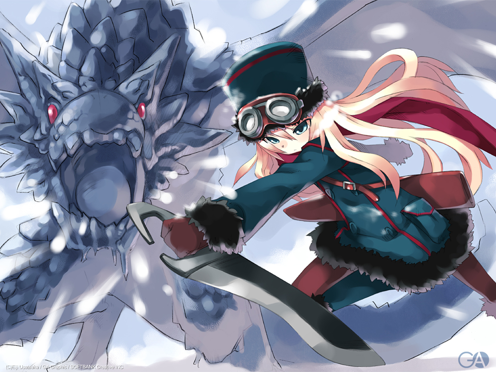 blonde_hair dragon gagraphic gloves goggles green_eyes hat long_hair pantyhose red_scarf scarf solo sword usatsuka_eiji wallpaper weapon