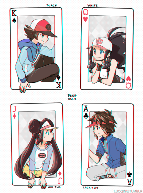 2boys 2girls annotated baseball_cap black_(pokemon) blue_eyes breasts card character_name closed_mouth copyright_name creatures_(company) double_bun eye_contact game_freak hat lack-two_(pokemon) long_hair long_sleeves looking_at_another luo-qin multiple_boys multiple_girls nintendo playing_card pokemon pokemon_special short_sleeves sleeveless small_breasts smile twintails upper_body whi-two_(pokemon) white_(pokemon)