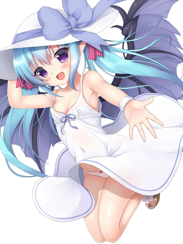 :d arm_up armpits bow bow_panties breasts cleavage covered_navel demon_wings dress foreshortening full_body hat hat_bow inma_kourin_devil_carnival jumping legs_together long_hair looking_at_viewer no_legwear open_mouth panties purple_bow purple_eyes purple_ribbon red_bow ribbon sandals seta_(monyun) shiny shiny_skin simple_background sleeveless sleeveless_dress small_breasts smile solo sun_hat sundress tareme underwear white_background white_hat white_panties wings wrist_cuffs