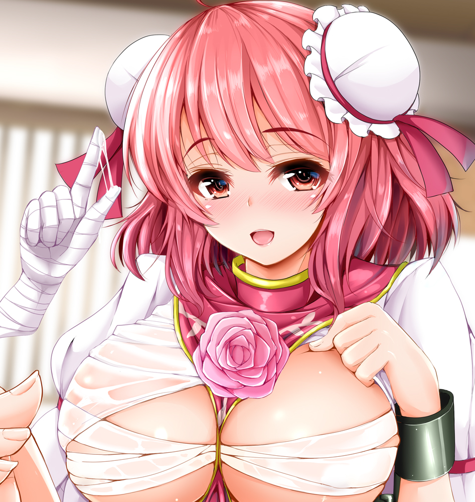 :d ahoge bandaged_arm bandages blush breasts china_dress chinese_clothes cum cum_on_fingers double_bun dress eyebrows eyebrows_visible_through_hair flower ibaraki_kasen koza47322 large_breasts looking_at_viewer open_mouth pink_hair red_eyes rose short_hair smile solo touhou
