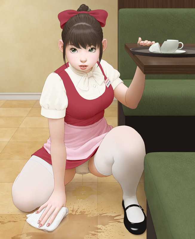 crouching looking_at_viewer munio_world pee_puddle peeing puddle thighhighs upskirt waitress white_legwear