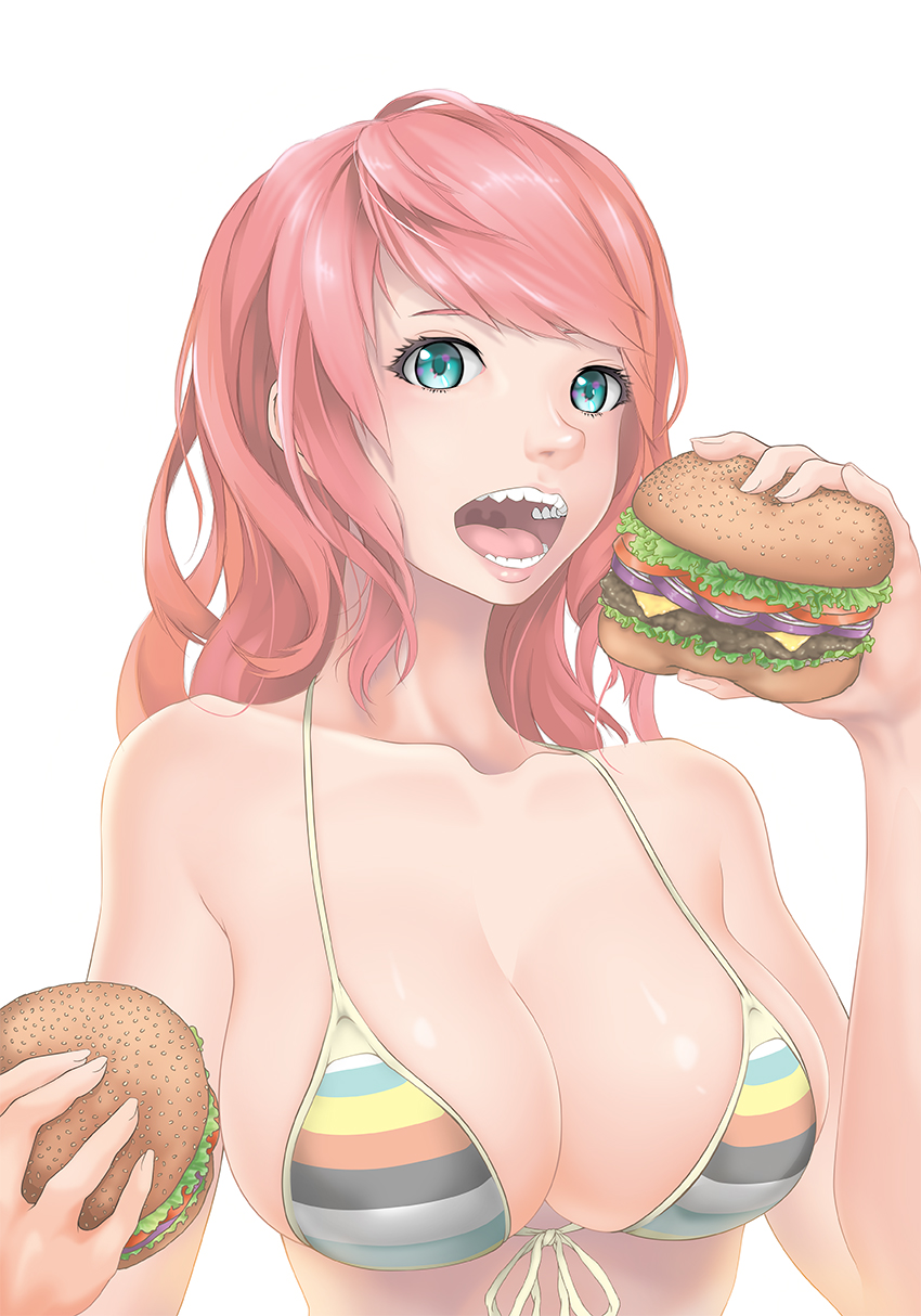 bare_shoulders bikini_top blue_eyes breasts cleavage collarbone food front-tie_top hamburger highres large_breasts long_hair looking_at_viewer open_mouth original shiny shiny_skin simple_background skindentation solo striped swimsuit teeth uvula zhean_li