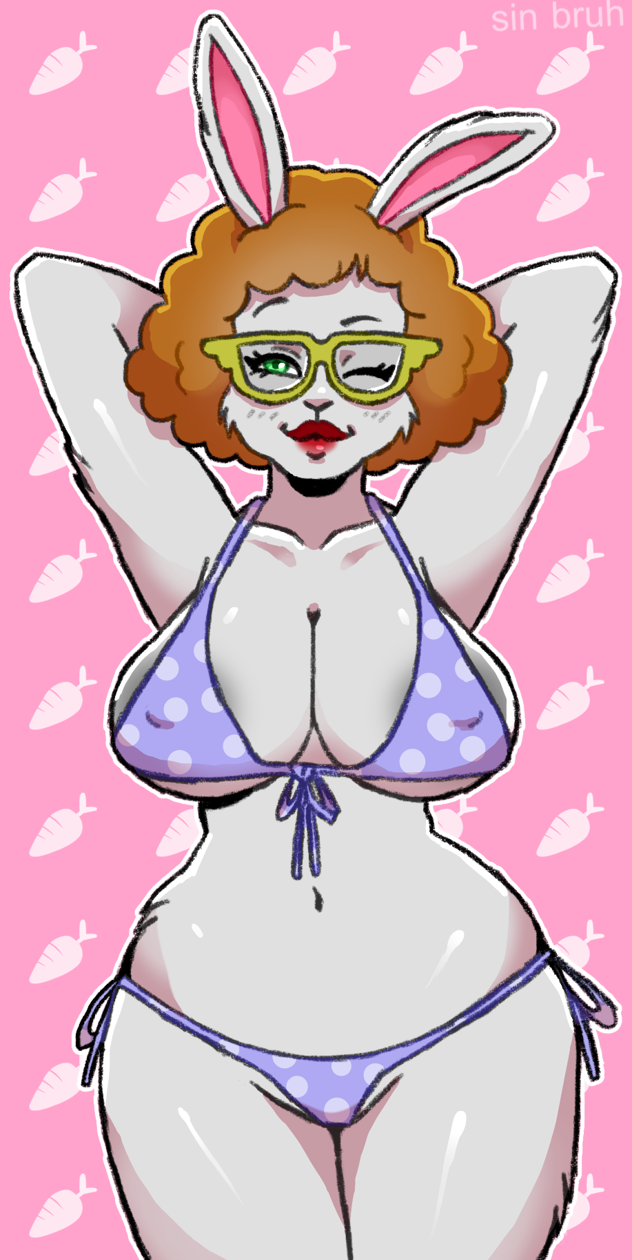 2019 anthro areola arthur_(series) big_breasts bikini bitzi_baxter blush breasts clothed clothing digital_media_(artwork) eyewear female fur glasses hair hands_behind_head hi_res huge_breasts lagomorph looking_at_viewer mammal mature_female navel nipple_bulge one_eye_closed pbs rabbit red_hair simple_background sin_bruh skimpy smile solo standing swimsuit thick_thighs wink