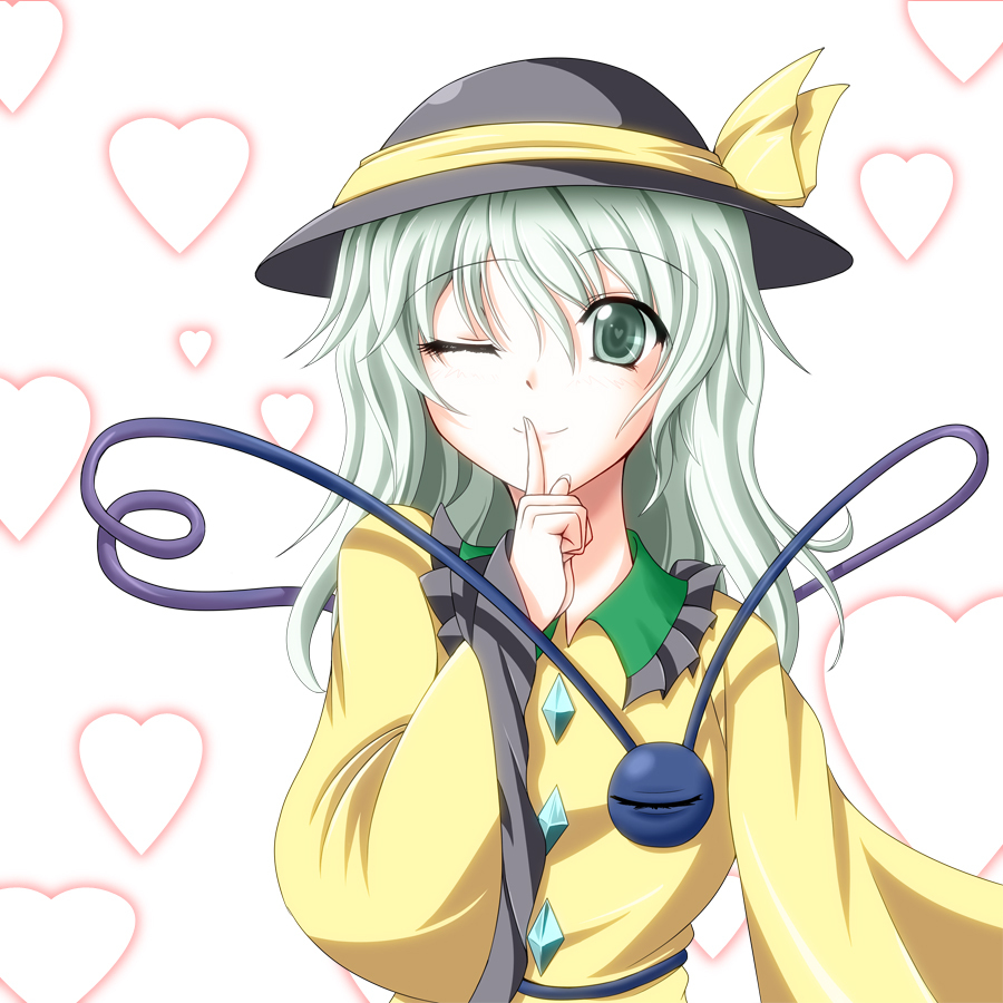 commentary_request dress extra_eyes finger_to_mouth green_collar green_eyes green_hair hat hat_ribbon heart heart-shaped_pupils heart_background heart_of_string komeiji_koishi long_sleeves looking_at_viewer one_eye_closed ribbon smile solo suzuki_sakura symbol-shaped_pupils third_eye touhou wide_sleeves