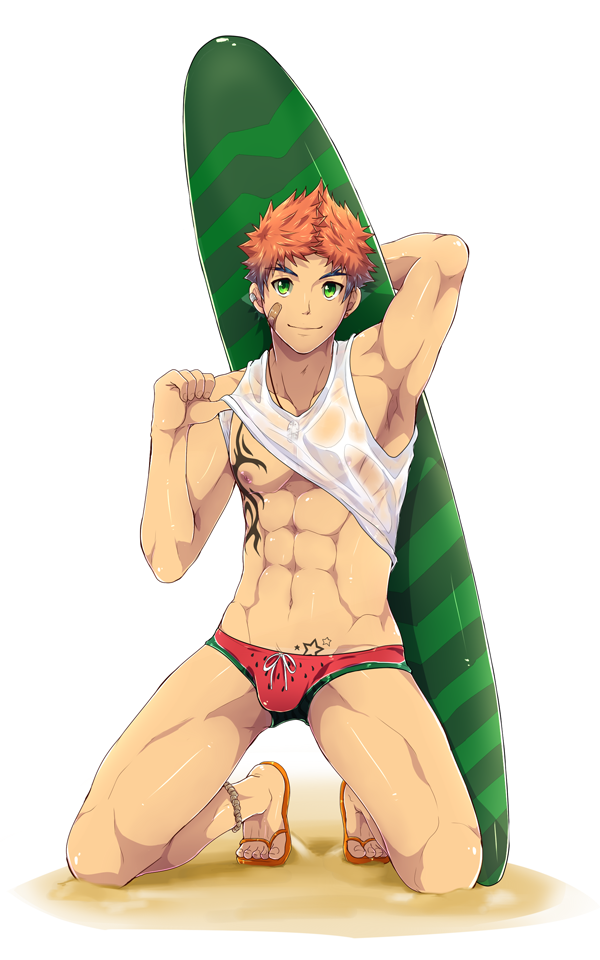 1boy abs boy green_eyes looking_at_viewer male_focus mazjojo multicolored_hair muscle pecs shirt_lift solo summer tattoo undressing