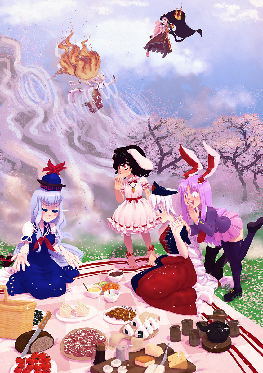 animal_ears ankle_ribbon barefoot basket black_hair blue_eyes blue_hair blush_stickers braid bread bunny_ears burning burnt_clothes cheese cherry_blossoms closed_eyes cloud colored_eyelashes commentary cup dango day dress eating fighting fire flying food fujiwara_no_mokou hat highres houraisan_kaguya inaba_tewi jacket jewelry kamishirasawa_keine knife lavender_hair leg_ribbon long_hair long_sleeves looking_down multiple_girls nature necklace necktie nurse_cap onigiri open_mouth outdoors pants petals picnic pink_dress profile puffy_sleeves red_eyes reisen_udongein_inaba ribbon sandwich sash seiza shoes short_hair short_sleeves single_braid sitting skirt sky smile soumakyo sparkle standing standing_on_one_leg sweatdrop teacup teapot thighhighs tomato touhou tree wagashi white_hair wide_sleeves yagokoro_eirin yunomi