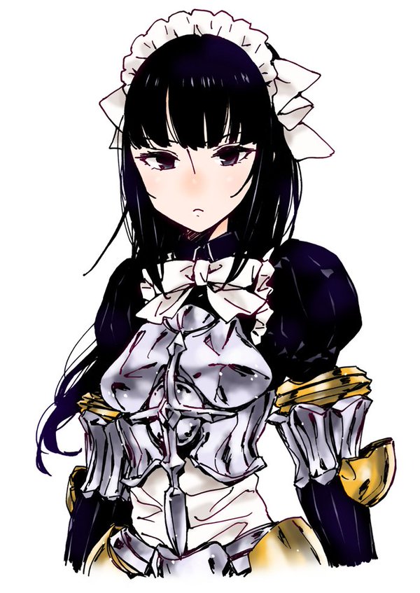armor armored_dress artist_request black_eyes black_hair katou_haruaki maid maid_apron maid_headdress narberal_gamma overlord_(maruyama) ribbon simple_background solo
