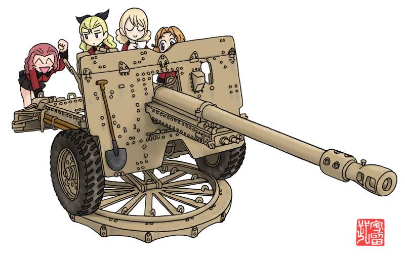 :/ ^_^ anti-tank_gun assam blonde_hair blush bow brown_hair cannon clenched_hand closed_eyes cup darjeeling girls_und_panzer hair_bow hand_up looking_at_another m.wolverine military military_uniform multiple_girls orange_pekoe pink_hair rosehip shovel signature simple_background skirt smile st._gloriana's_military_uniform teacup uniform white_background