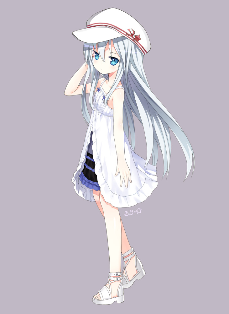 arm_at_side arm_up bare_legs bare_shoulders blue_eyes blush collarbone dress flat_cap full_body hammer_and_sickle hat hibiki_(kantai_collection) kantai_collection kiira long_hair no_legwear purple_background sandals shoes signature silver_hair simple_background sleeveless sleeveless_dress solo standing star sundress verniy_(kantai_collection) very_long_hair walking white_dress white_footwear white_hat