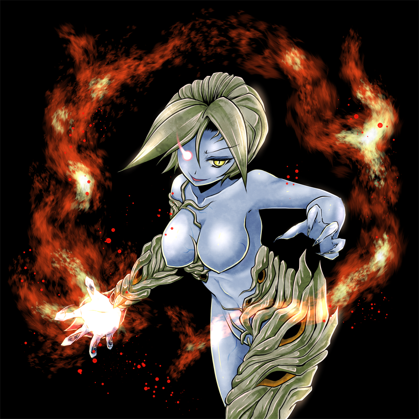 alexia_ashford blue_skin breasts curvy erect_nipples evil female fire highres looking_at_viewer monster_girl resident_evil resident_evil_code_veronica yellow_eyes