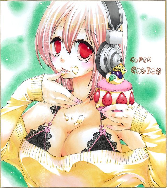 bare_shoulders birthday blush breasts chibi cleavage commentary_request cream cream_on_face finger_licking food food_on_face fruit happy_birthday headphones large_breasts licking loji_logic long_hair macaron nitroplus off_shoulder shikishi solo strawberry super_sonico sweater traditional_media