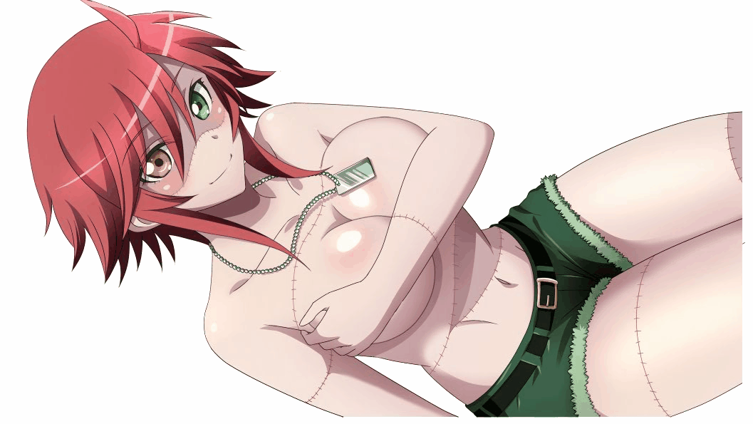 animated animated_gif bouncing_breasts breasts covering covering_breasts heterochromia large_breasts monster_girl monster_musume_no_iru_nichijou monster_musume_no_iru_nichijou_online red_hair short_hair smile solo topless zombina
